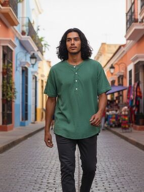 Two-sided green half button short sleeve top l